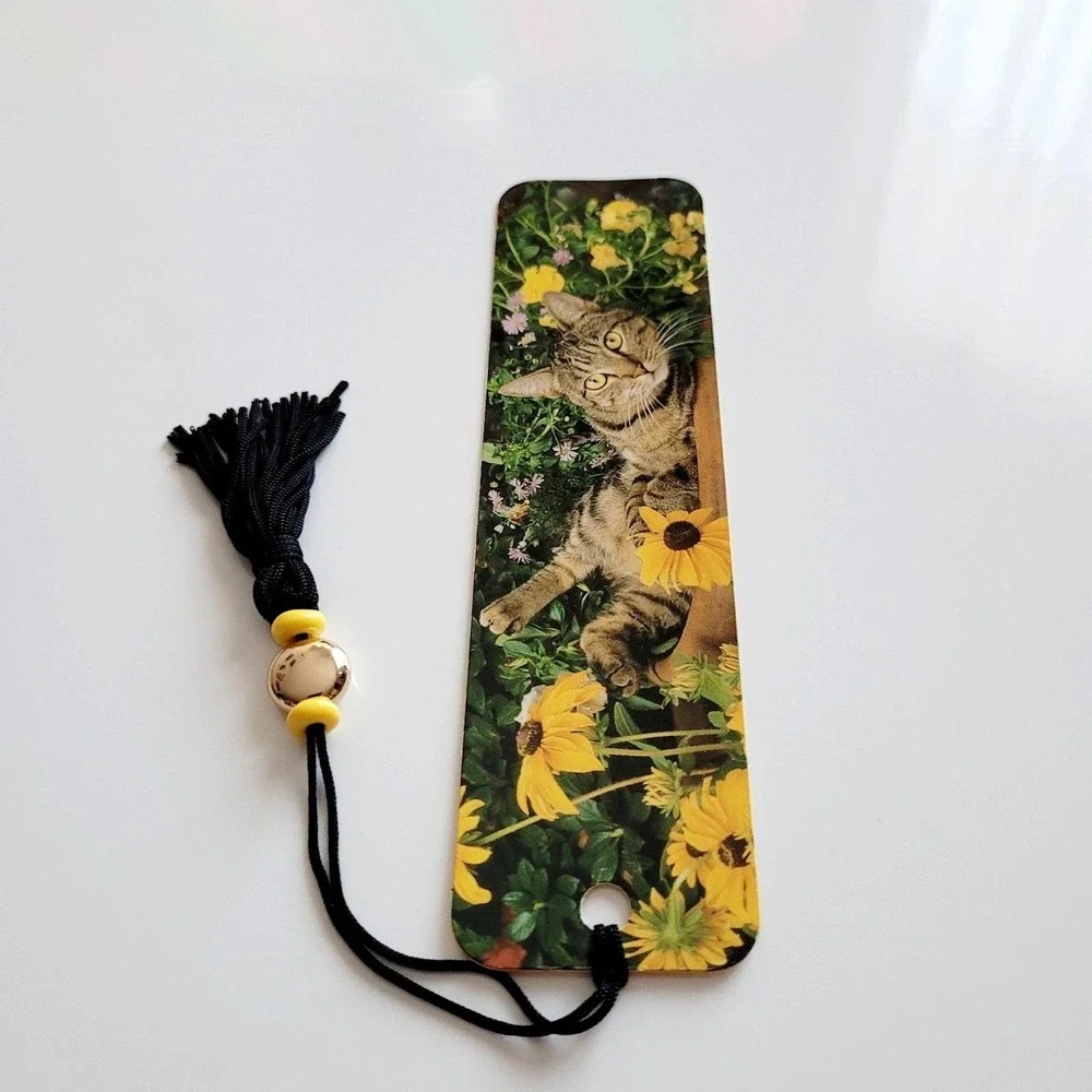 Vintage‎ 90s Tabby Cat Bookmark flower garden beaded Koren Trygg 1996 KB0-13544